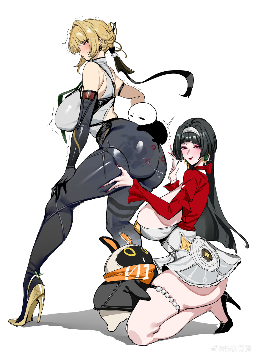 2girls absurdres ass astra_yao b.sa_(bbbs) bird black_hair blonde_hair blush breasts earrings elbow_gloves evelyn_chevalier gloves hairband high_heels highres huge_ass huge_breasts jewelry long_hair looking_at_viewer multiple_girls penguin shirt simple_background skirt thick_thighs thigh_strap thighs white_background white_skirt zenless_zone_zero