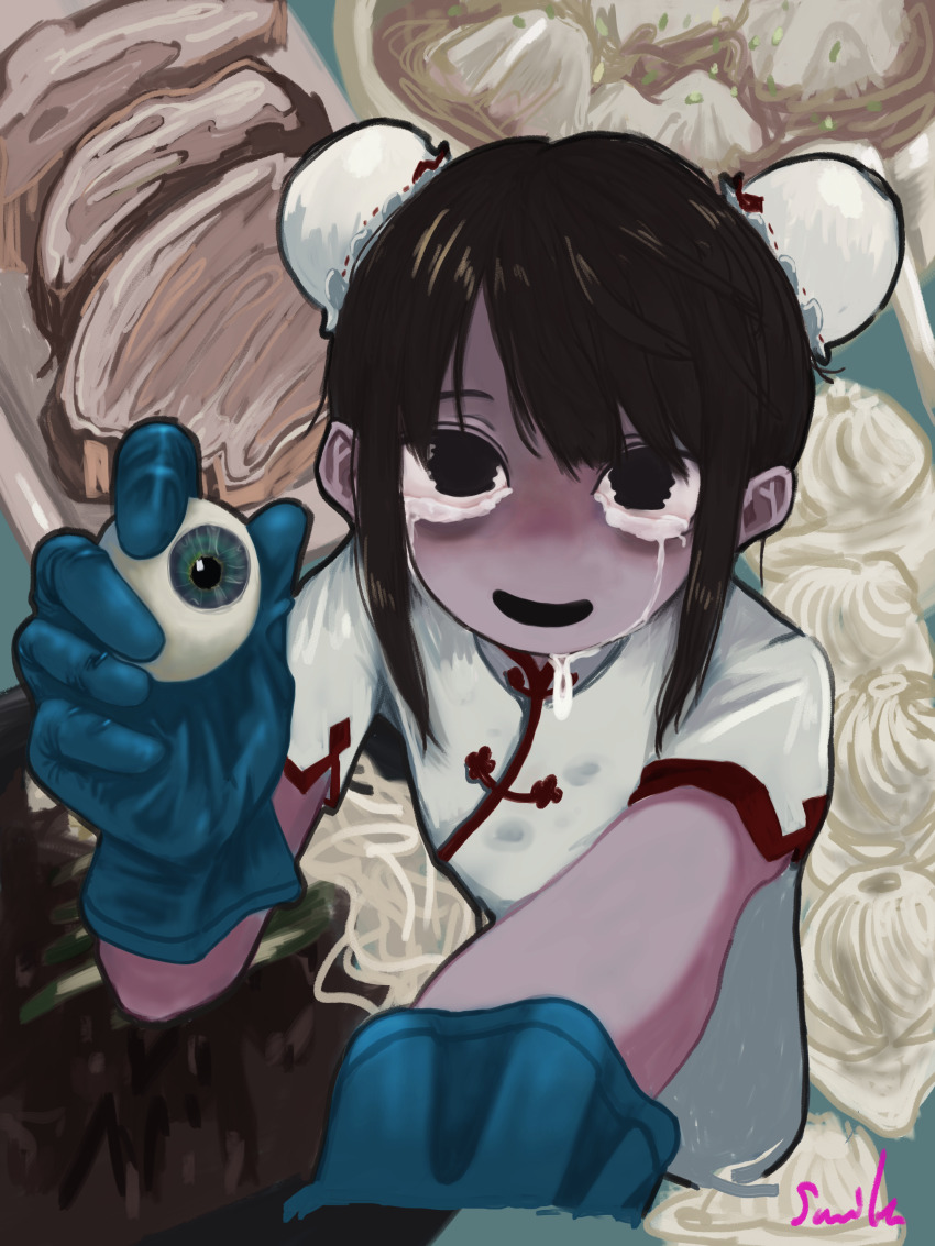 1girl absurdres black_eyes black_hair black_mouth bun_cover china_dress chinese_clothes cropped_torso crying crying_with_eyes_open double_bun dr._suzu_(mili) dress dumpling empty_eyes food food-themed_background hair_bun highres holding_eyeball lalah_7th looking_at_viewer mili_(band) monster_girl noodles open_mouth reaching reaching_towards_viewer sad_smile short_sleeves sliced_meat smile solo tears wavy_eyes white_dress