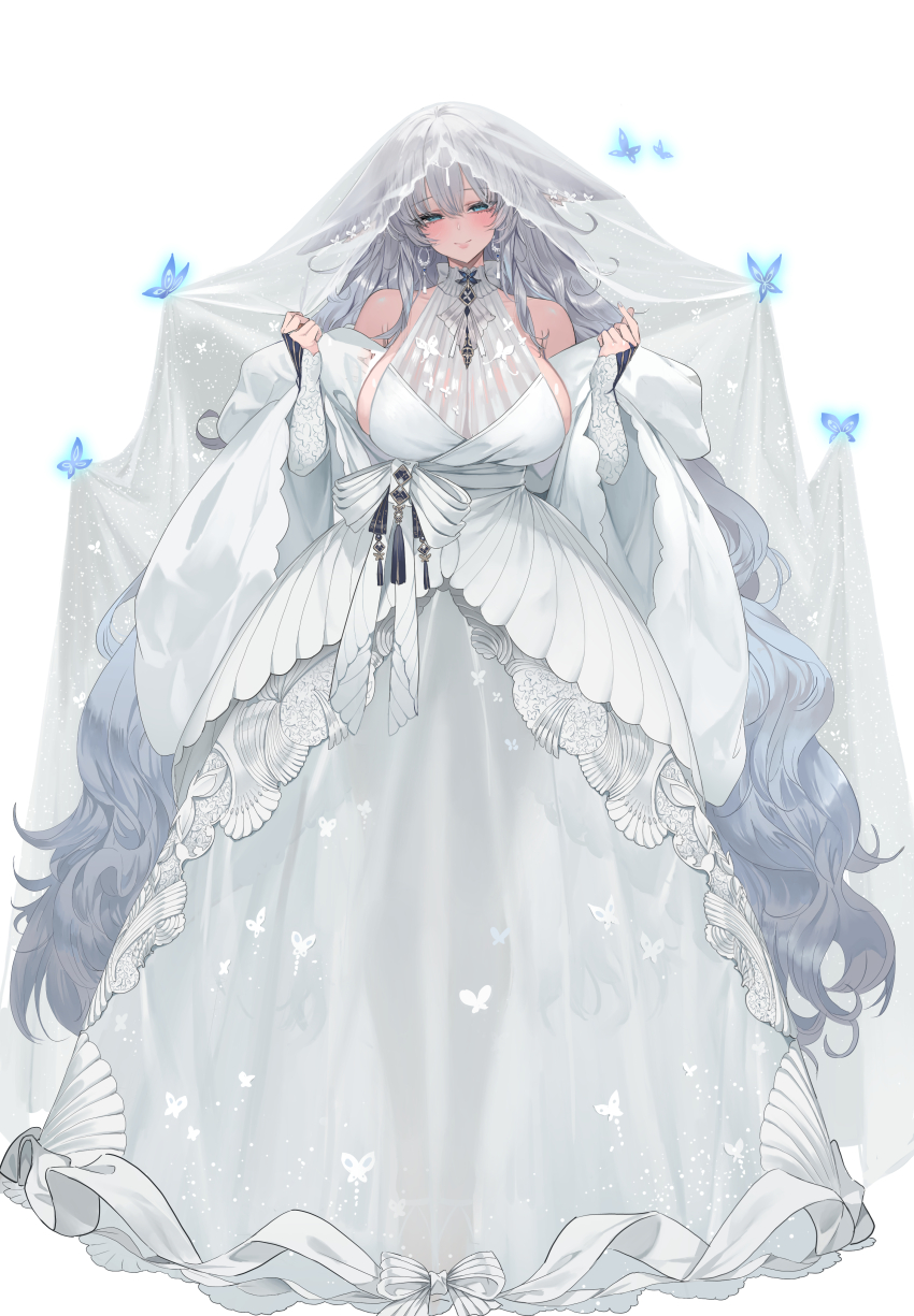 1girl absurdly_long_hair absurdres alternate_costume animal_ears artist_name azur_lane bare_shoulders blue_butterfly blue_eyes bow breasts bridal_veil bride bug butterfly choker cleavage closed_mouth dark-skinned_female dark_skin dishwasher1910 double-parted_bangs dress empire_waist facing_viewer floppy_ears fox_ears fox_girl full_body garter_straps gown grey_hair halter_dress halterneck hands_up highres insect large_breasts layered_dress long_hair long_sleeves long_veil looking_at_viewer looking_to_the_side mandarin_collar no_tail parted_lips see-through_clothes see-through_dress see-through_veil shawl shinano_(azur_lane) sideboob simple_background smile solo standing tan translucent veil very_long_hair w_arms waist_bow wedding_dress white_background white_bow white_choker white_garter_straps white_shawl