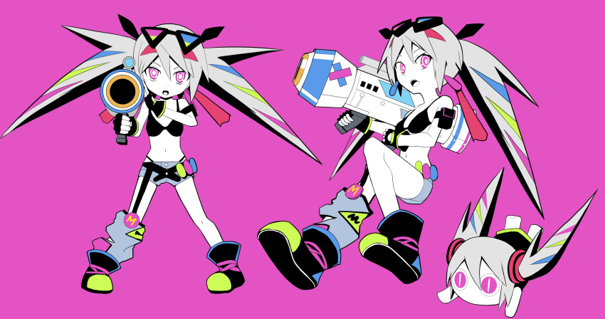 #compass 1girl 2girls absurdres aimaina black_bra blue_hair boots bra breasts commentary_request denim denim_shorts eyewear_on_head full_body game_bazooka_girl green_hair grey_hair hatsune_miku highres holding holding_weapon long_hair looking_at_viewer looking_back multicolored_hair multiple_girls official_art open_mouth pink_eyes pink_hair pinocchio-p real_ni_buttobasu_(vocaloid) red_hair shorts simple_background solo sunglasses underwear vocaloid weapon