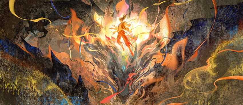 1boy absurdres ao_bing_(nezha_zhi_motong_jiangshi) blue_eyes brown_hair chinese_clothes dragon dragon_horns dress eastern_dragon floating glowing highres holding horns long_hair male_focus nezha_(nezha_zhi_motong_jiangshi) nezha_zhi_motong_jiangshi solo weapon yinzinmiemie
