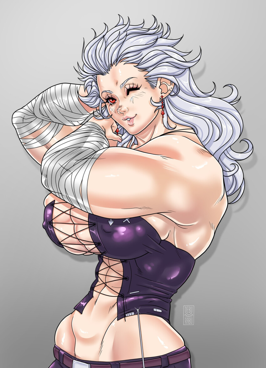 1girl bare_shoulders breasts cleavage corset covered_erect_nipples debu-rabu dorohedoro earrings female_focus highres jewelry large_breasts long_hair muscular muscular_female navel noi_(dorohedoro) one_eye_closed red_eyes skindentation solo white_hair