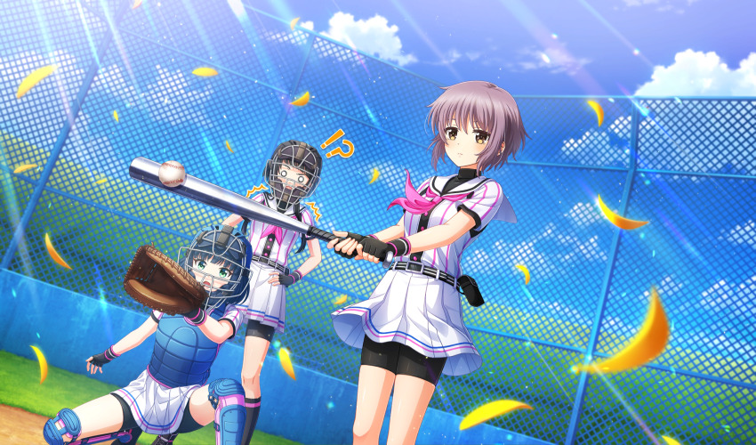 !? 3girls ^^^ ball baseball baseball_(object) baseball_bat baseball_field baseball_glove baseball_uniform belt belt_buckle belt_pouch bike_shorts_under_skirt black_belt black_gloves black_hair black_pouch black_shorts black_undershirt blurry brown_eyes buckle catcher&#039;s_mask catcher_(baseball) chain-link_fence chest_protector cinderella_series closed_mouth cloud crossover depth_of_field dutch_angle falling_petals fence film_grain fingerless_gloves game_cg gloves green_eyes grey_hair hachigatsu_no_cinderella_nine hands_on_own_hips highres holding holding_baseball_bat light_particles light_rays long_hair metal_baseball_bat multiple_girls nagato_yuki neckerchief non-web_source o_o official_art open_mouth outdoors petals pink_neckerchief playing_sports pleated_skirt pouch satogahama_baseball_uniform shin_guards shirt shirt_under_shirt short_hair short_sleeves shorts skirt sky sportswear standing striped_belt striped_clothes striped_shirt sunbeam sunlight suzuki_waka suzumiya_haruhi_no_yuuutsu tsukishima_yui_(hachigatsu_no_cinderella_nine) vertical-striped_clothes vertical-striped_shirt wristband yellow_petals