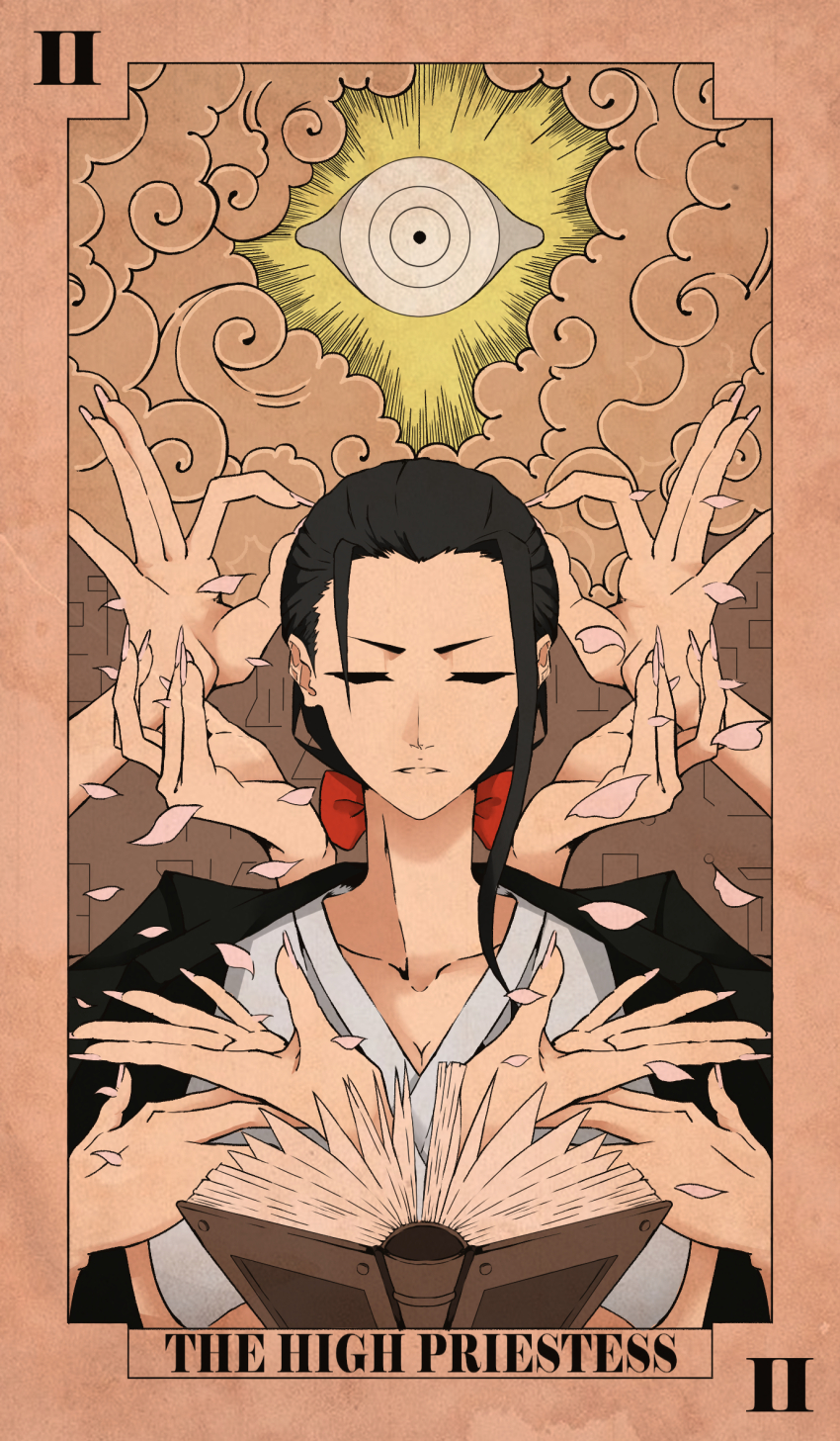 1girl black_coat black_hair book bow breasts card_(medium) cleavage closed_eyes closed_mouth cloud coat collarbone devil_fruit_power extra_arms extra_hands fingernails hana_hana_no_mi highres japanese_clothes kimono large_breasts long_fingernails loose_hair_strand mawueee nico_robin nico_robin_(onigashima) one_piece open_book original petals red_bow ringed_eyes solo tarot tarot_(medium) the_high_priestess_(tarot) upper_body white_kimono