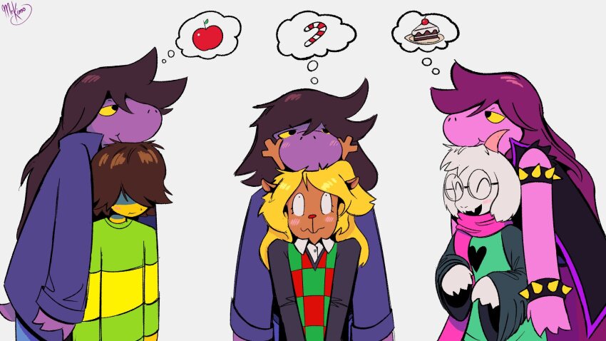 1boy 1other 2girls antlers armlet blonde_hair blush bracelet brown_hair chin_rest colored_skin deer_antlers deer_girl deltarune furry furry_female furry_male glasses goat_boy goat_horns head_on_head head_rest highres horns jewelry kris_(deltarune) mrkimo multiple_girls noelle_holiday purple_hair purple_skin ralsei round_eyewear short_tail speech_bubble spiked_armlet spiked_bracelet spikes susie_(dark_world)_(deltarune) susie_(deltarune) tail thought_bubble