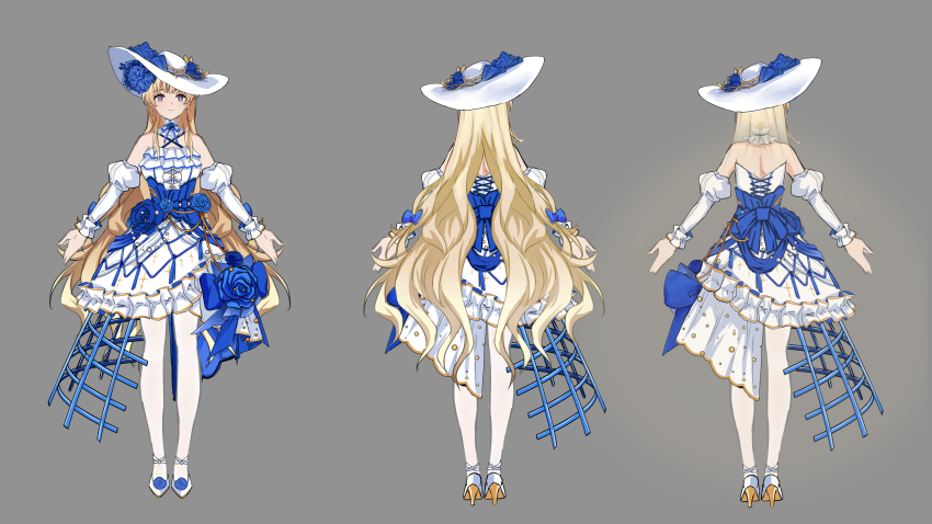 1girl absurdres alternate_costume bare_shoulders blonde_hair blue_flower blue_rose breasts closed_mouth commentary detached_sleeves dress flower grey_hair hat hat_flower high_heels highres large_breasts long_hair pantyhose phoebe_(wuthering_waves) reference_sheet rose shoes simple_background very_long_hair white_dress white_hat white_pantyhose white_shoes white_sleeves wuthering_waves ye_hua_bai_liu
