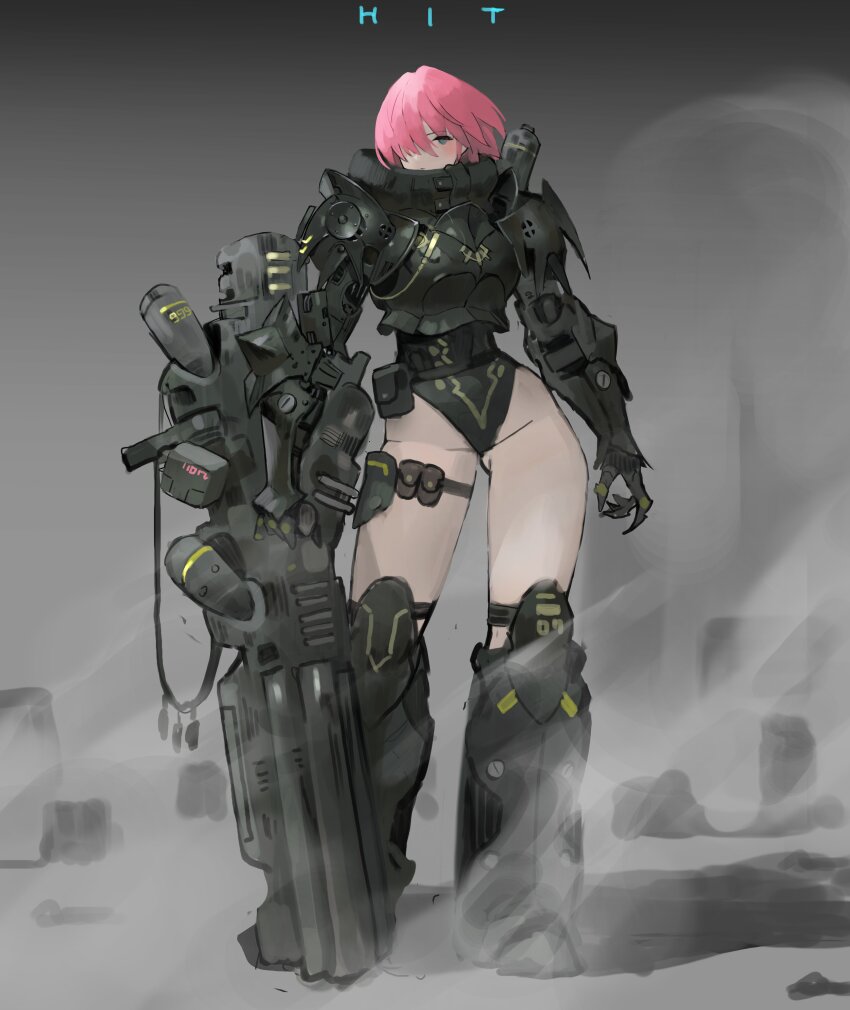 1girl absurdres armor armored_boots arowana2111 black_boots black_leotard blue_eyes boots commentary energy_gun english_commentary floating_hair full_body grey_background highres huge_weapon kneehighs leotard leotard_under_clothes looking_at_viewer original pink_hair science_fiction short_hair socks solo weapon