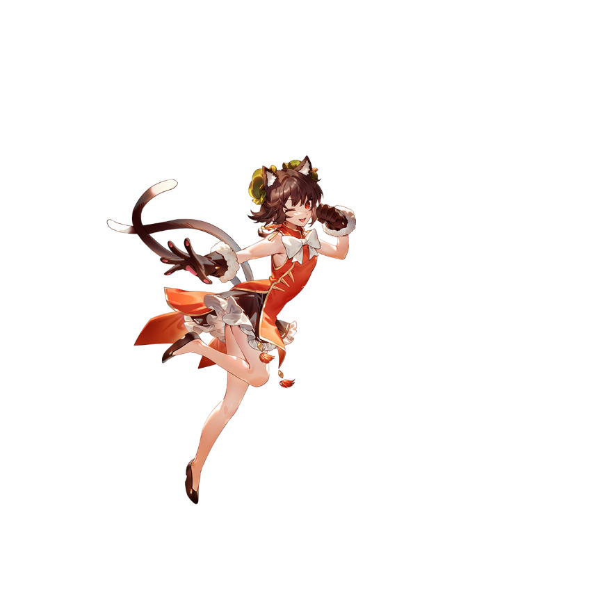 1girl alternate_costume animal_ear_fluff animal_ears black_gloves black_shoes black_skirt bow bowtie brown_hair bun_cover cat_ears cat_tail chen china_dress chinese_clothes double_bun dress fang frilled_skirt frills full_body fur-trimmed_gloves fur_trim game_cg gloves hair_bun heart highres mandarin_collar multiple_tails nekomata non-web_source official_art one_eye_closed open_mouth red_dress red_eyes ribbon-trimmed_skirt ribbon_trim second-party_source shoes skirt smile solo tail touhou touhou_gensou_eclipse transparent_background two_tails u_u_zan white_bow white_bowtie