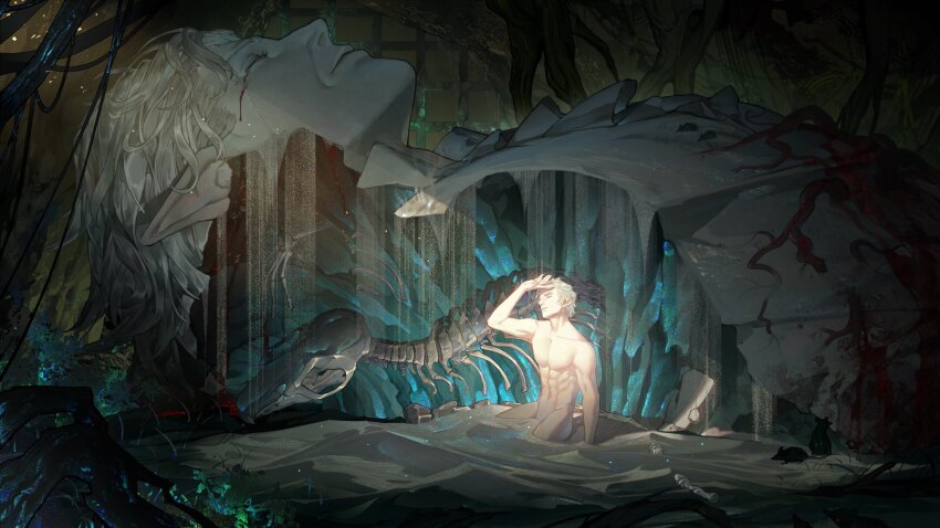 1boy animal_skeleton astarion baldur&#039;s_gate baldur&#039;s_gate_3 blood blood_on_face bloody_tears cave closed_eyes completely_nude dripping dual_persona eboda-x elf grass hand_on_own_head hand_up highres hollow_body male_focus mouse_(animal) nude parted_lips partially_buried plant_roots pointy_ears sand short_hair skeleton statue underground white_hair wide_shot
