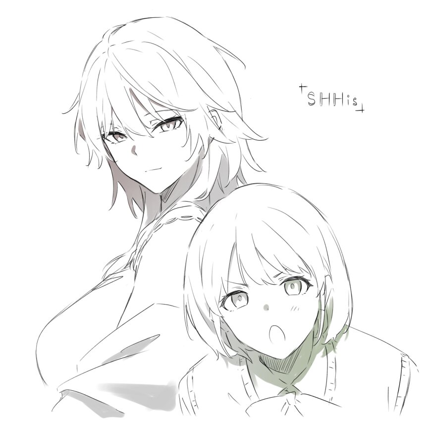 2girls aketa_mikoto closed_mouth greyscale groin hair_between_eyes highres idolmaster idolmaster_shiny_colors kanade_(kanade_3344) long_hair looking_at_viewer monochrome multiple_girls nanakusa_nichika open_mouth simple_background sweater_vest upper_body white_background