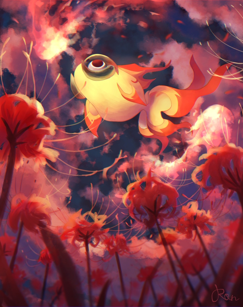 artist_name chi-yu_(pokemon) fire fish floating flower from_below glowing goldfish highres night nintendo no_humans petals pokemon pokemon_(creature) red_theme rongai28 signature spider_lily