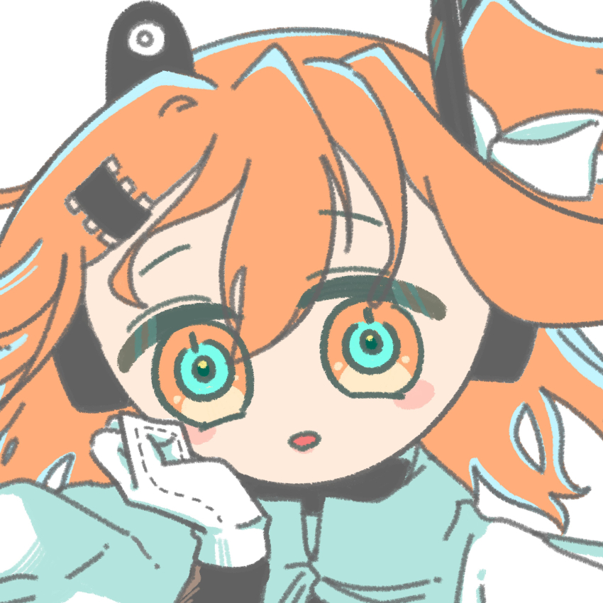 1girl a.i._voice absurdres adachi_rei aqua_eyes computer_chip gloves hair_ornament hand_up head_rest highres looking_at_viewer magto0611 multicolored_eyes orange_hair parted_lips portrait power_symbol-shaped_pupils solo symbol-shaped_pupils two-tone_eyes utau white_gloves