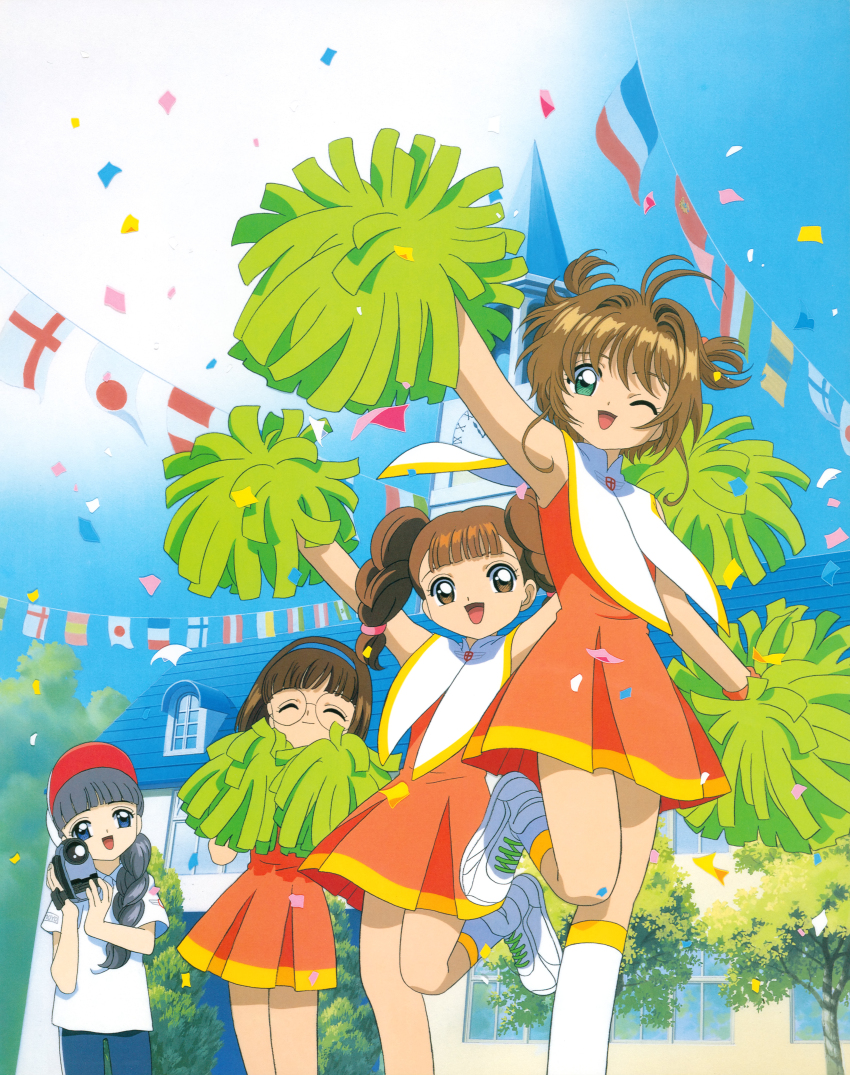 4girls absurdres blue_hairband brown_eyes brown_hair cardcaptor_sakura child glasses green_eyes hairband happy highres kinomoto_sakura mihara_chiharu multiple_girls official_art one_eye_closed open_mouth short_hair video_camera white_footwear window yanagisawa_naoko