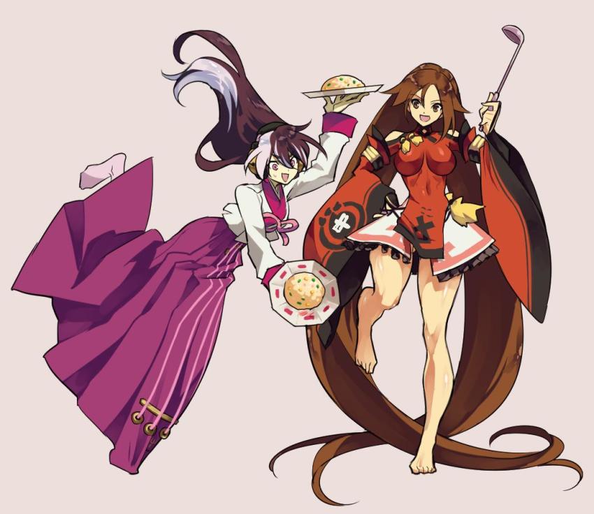 2girls absurdly_long_hair alternate_hairstyle barefoot black_hair breasts breasts_apart brown_eyes brown_hair china_dress chinese_clothes detached_sleeves dress flat_chest food fried_rice grey_hair guilty_gear guilty_gear_xrd hair_down headphones impossible_clothes impossible_dress jako_(toyprn) korean_clothes kum_haehyun kuradoberi_jam ladle large_breasts long_hair miniskirt multicolored_hair multiple_girls plate purple_eyes red_dress skirt thighs toes tripping twintails two-tone_hair very_long_hair wide_sleeves