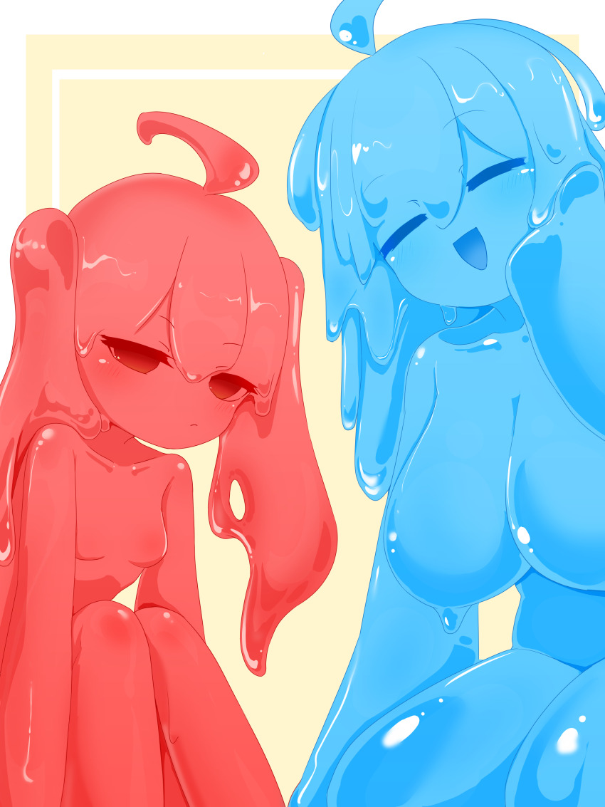2girls absurdres ahoge blue_skin breasts collarbone colored_skin creature facing_viewer flat_chest hair_between_eyes highres hikyou_takarasou huge_breasts liquid_hair long_hair looking_at_viewer monster_girl multiple_girls no_nipples no_pussy nude open_mouth original red_eyes red_skin sitting slime_(creature) slime_(substance) slime_girl tears thighs wariza