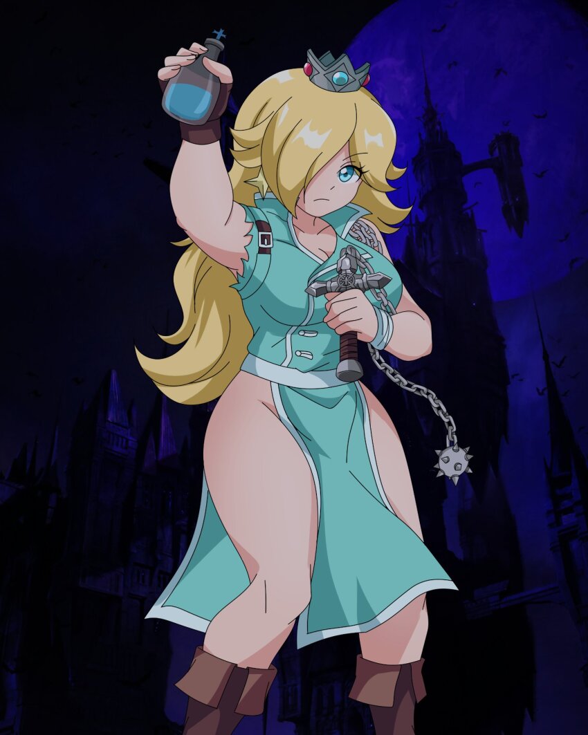 1girl aqua_coat blonde_hair boots bottle brown_boots castlevania:_rondo_of_blood castlevania_(series) coat cosplay crown earrings flail hair_over_one_eye highres holding holding_weapon holy_water jewelry johnnydrawz long_hair mario_(series) mini_crown morning_star nintendo pelvic_curtain richter_belmont richter_belmont_(cosplay) rosalina sleeveless sleeveless_coat solo star_(symbol) star_earrings thick_thighs thighs torn_clothes torn_sleeves weapon whip