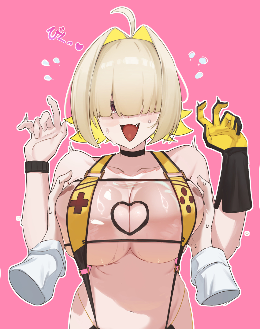 1girl 1other :3 ahoge bikini blonde_hair breasts cleavage_cutout clothing_cutout disembodied_hand elegg_(boom_and_shock)_(nikke) elegg_(nikke) fang gloves goddess_of_victory:_nikke grabbing_another&#039;s_breast groping hair_intakes hair_over_eyes heart_cutout highres long_sleeves looking_at_viewer medium_hair navel nsan official_alternate_costume open_mouth pink_eyes purple_eyes shirt simple_background single_glove slingshot_swimsuit solo_focus stomach surprised swimsuit white_shirt yellow_bikini yellow_gloves yellow_slingshot_swimsuit