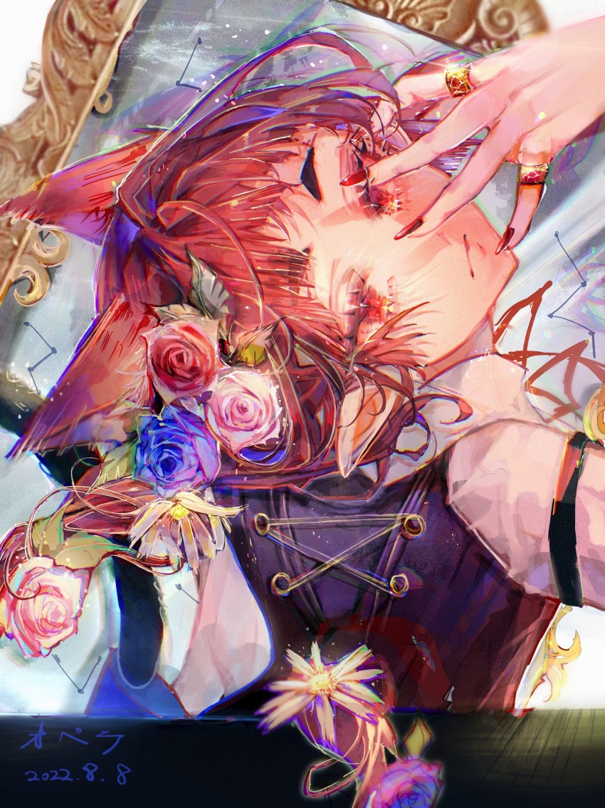 1other animal_ears black_vest blue_flower blue_rose cat_ears cat_tail chinese_commentary closed_mouth collared_shirt commentary_request dated empty_picture_frame eyelashes fingernails flower gold_ring highres jewelry jiuyujianbaishi long_fingernails looking_at_viewer mairimashita!_iruma-kun multiple_rings neck_ribbon opera_(iruma-kun) picture_frame pink_flower pink_rose pointy_ears procreate_(medium) red_eyes red_flower red_hair red_nails red_ribbon red_rose ribbon ring rose shirt short_hair signature solo tail vest white_flower white_shirt