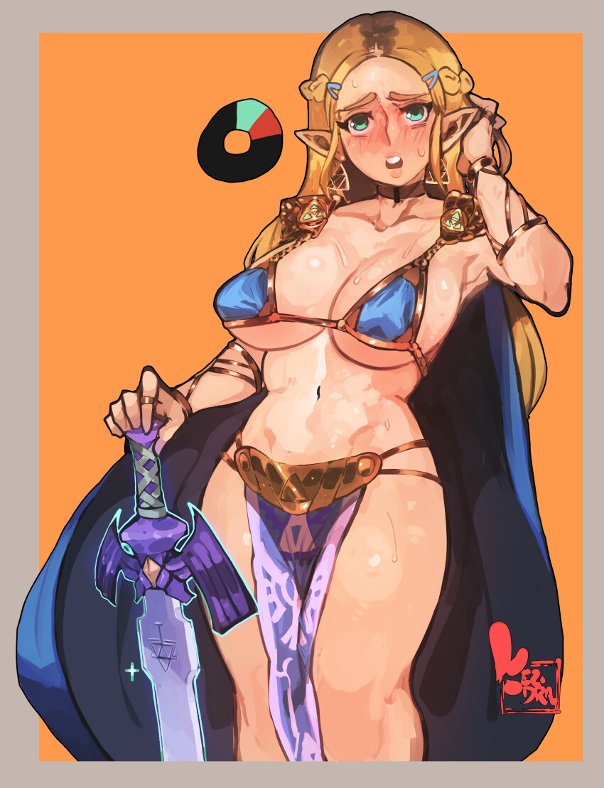1girl absurdres alternate_costume armband armor bikini bikini_armor blonde_hair blue_bikini blue_cape blush border breasts brown_choker cape choker cleavage commentary cowboy_shot earrings feet_out_of_frame gold gold_trim green_eyes grey_border hair_ornament hairclip hand_in_own_hair hand_on_hilt highres jewelry keziedra loincloth long_hair looking_at_viewer master_sword medium_breasts nintendo open_mouth orange_background outside_border pelvic_curtain pointy_ears princess_zelda ring simple_background solo stamina_vessel standing sweat swimsuit sword teeth the_legend_of_zelda the_legend_of_zelda:_breath_of_the_wild weapon