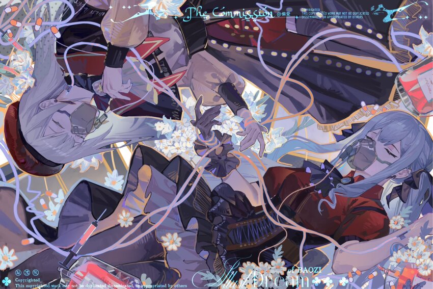 2girls abstract_background ascot bang_dream! bang_dream!_it&#039;s_mygo!!!!! black_ascot black_capelet black_corset black_pantyhose black_ribbon blue_brooch blue_hair capelet chamomile closed_mouth commentary commission corset floral_background flower hair_ribbon hat highres intravenous_drip long_hair lying mixed-language_commentary mortis_(bang_dream!) mortis_(costume)_(bang_dream!) multiple_girls oblivionis_(bang_dream!) on_back oxygen_mask pantyhose pill puffy_short_sleeves puffy_sleeves red_hat red_shirt red_shorts ribbon rotational_symmetry second-party_source see-through_clothes see-through_sleeves shirt short_sleeves shorts sidelocks syringe togawa_sakiko two_side_up unconscious wakaba_mutsumi white_flower yonghu7553459251