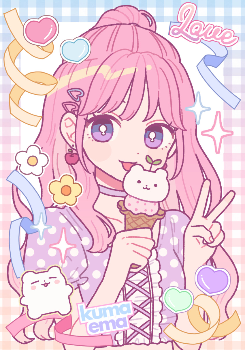 1girl apple_earrings artist_name bright_pupils choker double_scoop earrings emma_(kumaema) flower food food-themed_earrings food_themed_earrings hair_ornament hairclip hand_up heart heart_hair_ornament highres ice_cream ice_cream_cone jewelry long_hair open_mouth original pink_hair purple_choker purple_eyes smile solo upper_body v white_flower white_pupils yellow_flower