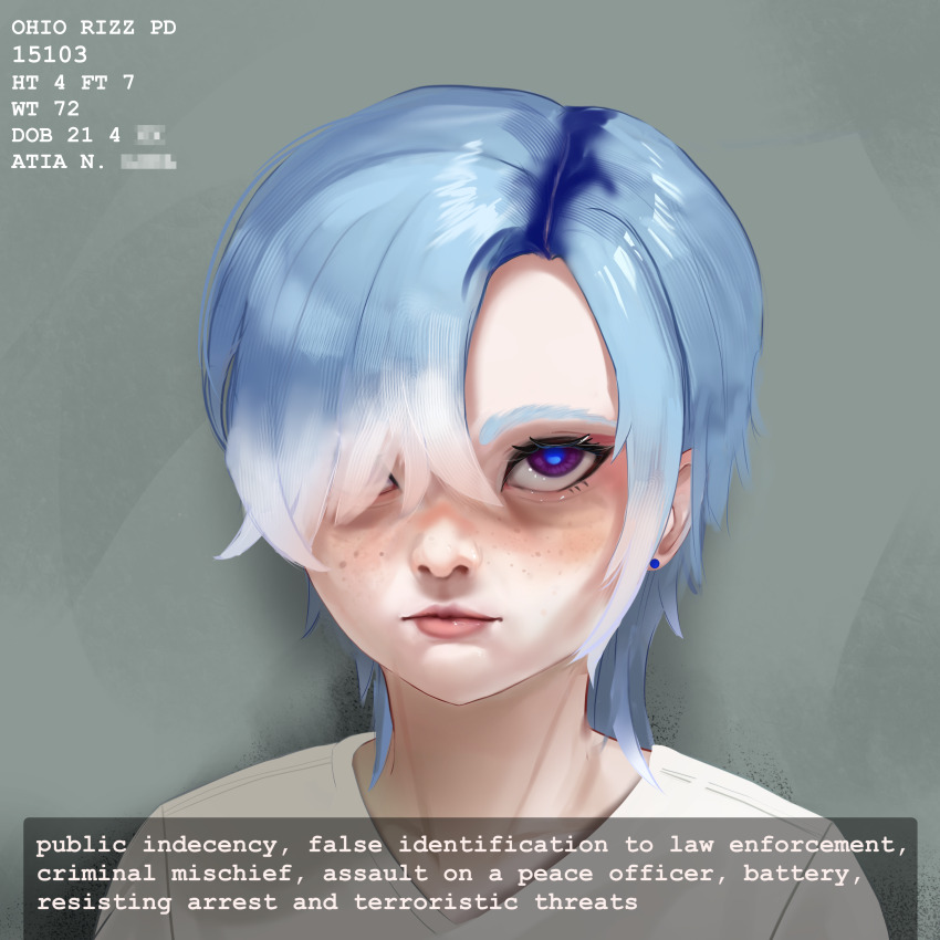 1girl absurdres blue_hair blue_pupils closed_mouth earrings english_text freckles hair_over_one_eye highres jewelry mugshot original purple_eyes rancidronin shirt short_hair solo stud_earrings white_shirt zoomer_slang