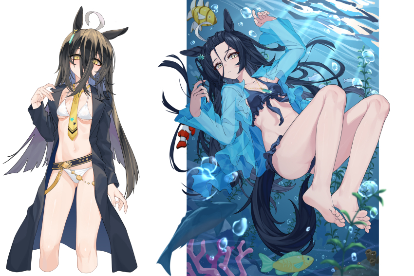 1girl ahoge animal_ears barefoot bikini black_coat black_hair blue_bikini breasts coat fish freediving highres horse_ears horse_tail long_hair long_sleeves manhattan_cafe_(the_bubbles_that_i_see_with_you)_(umamusume) manhattan_cafe_(umamusume) multiple_views neckerchief open_clothes open_coat small_breasts swimsuit tail umamusume underwater very_long_hair white_bikini yellow_neckerchief yume_(454565427)