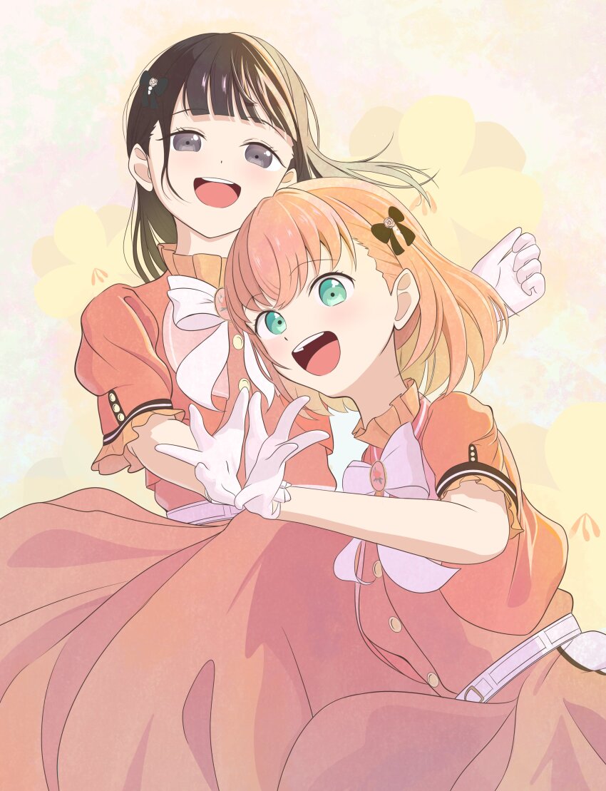 2girls :d absurdres animification aqua_eyes black_bow black_hair bloom_the_smile_bloom_the_dream! blunt_bangs bow bowtie commentary cropped_jacket crossed_bangs dress floral_background flower_hands gloves hair_bow highres hinoshita_kaho jacket link!_like!_love_live! looking_at_viewer love_live! medium_dress medium_hair morio_(mmorio_mu) multiple_girls nirei_nozomi official_alternate_costume open_clothes open_jacket open_mouth orange_dress orange_hair orange_jacket real_life short-sleeved_jacket short_sleeves smile teeth two_side_up upper_teeth_only virtual_youtuber voice_actor voice_actor_connection white_bow white_bowtie white_gloves yellow_background