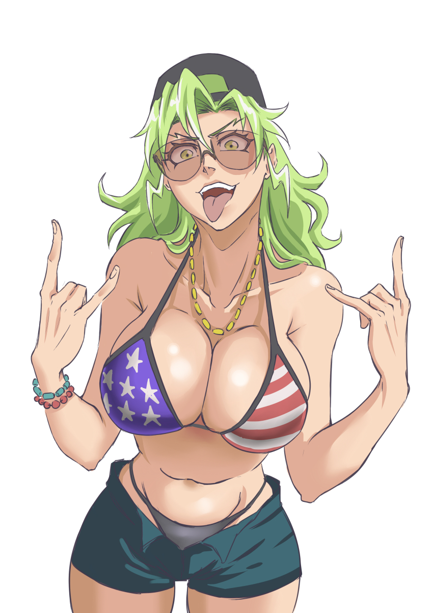1girl absurdres american_flag american_flag_bikini american_flag_print backwards_hat baseball_cap bikini bleach bleach:_sennen_kessen-hen bracelet breasts candice_catnipp cleavage collarbone cosplay flag_print flag_print_bikini gloves grand_theft_auto grand_theft_auto_vi green_eyes green_hair hand_gesture hat highres jewelry large_breasts long_hair looking_at_viewer matching_hair/eyes necklace open_mouth print_bikini rakusakugk redneck_girl_(gta_vi) redneck_girl_(gta_vi)_(cosplay) shorts simple_background solo stomach sunglasses swimsuit tongue tongue_out upper_body white_background