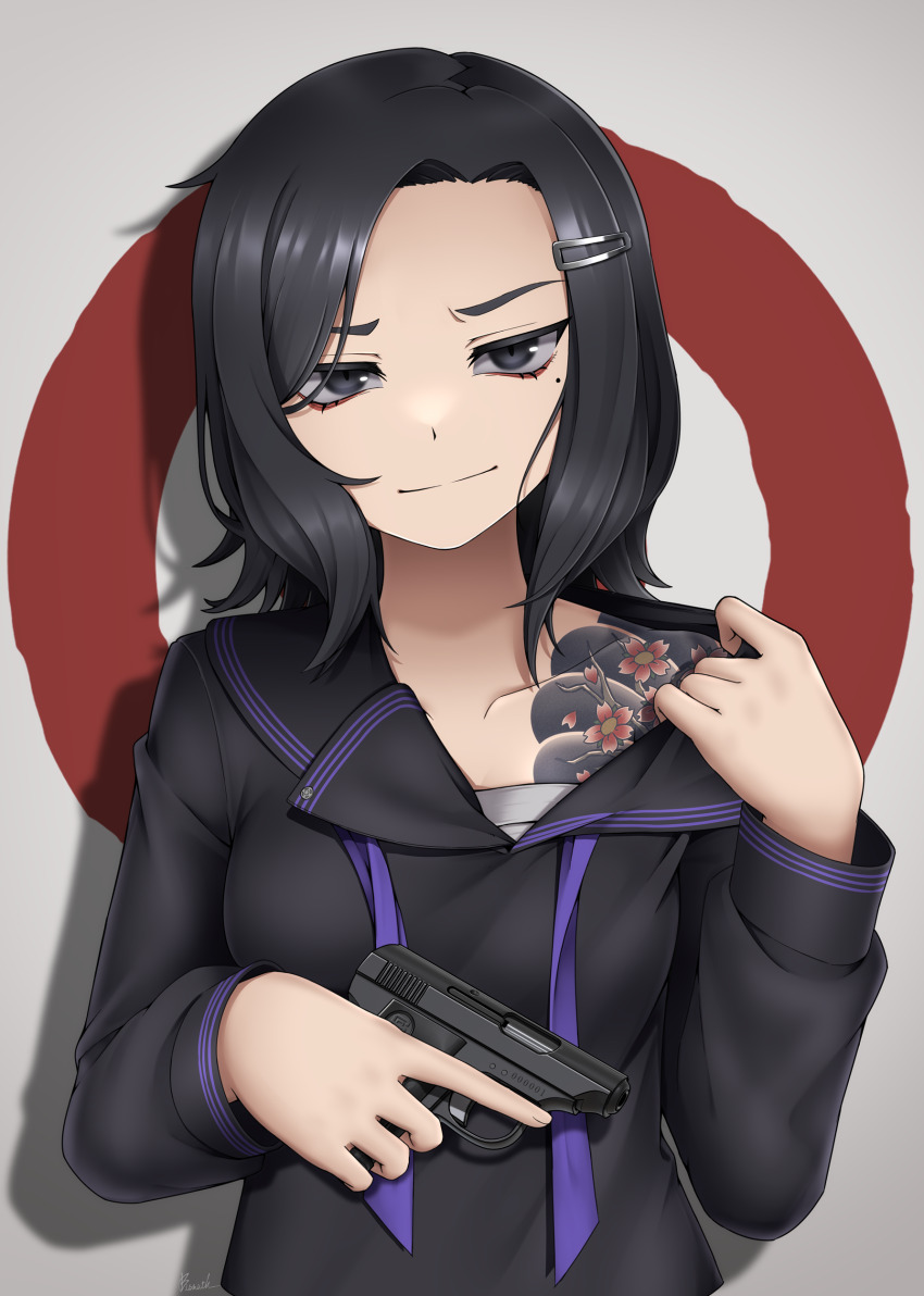 1girl absurdres bismuth_(paravene) black_eyes black_hair black_sailor_collar black_shirt breasts closed_mouth collarbone forehead grey_background gun hair_ornament hairclip hand_up handgun highres holding holding_gun holding_weapon long_sleeves looking_at_viewer medium_breasts mole mole_under_eye original parted_bangs puffy_long_sleeves puffy_sleeves red_background sailor_collar shirt shoulder_tattoo smile solo tattoo thick_eyebrows two-tone_background upper_body weapon weapon_request
