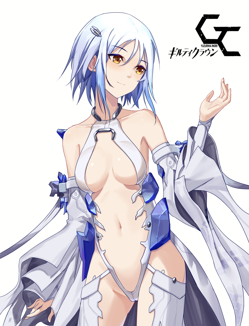 1girl absurdres bare_shoulders blue_hair breasts carol_(guilty_crown) center_opening character_name chinese_commentary cleavage commentary commentary_request contrapposto copyright_logo copyright_name covered_collarbone cowboy_shot detached_sleeves english_commentary guilty_crown guilty_crown_lost_christmas hair_ornament hairclip highres huazhaxuetu_xiaod leotard logo medium_breasts medium_hair mixed-language_commentary multilingual_commentary navel orange_eyes simple_background solo thighhighs white_background white_leotard white_thighhighs