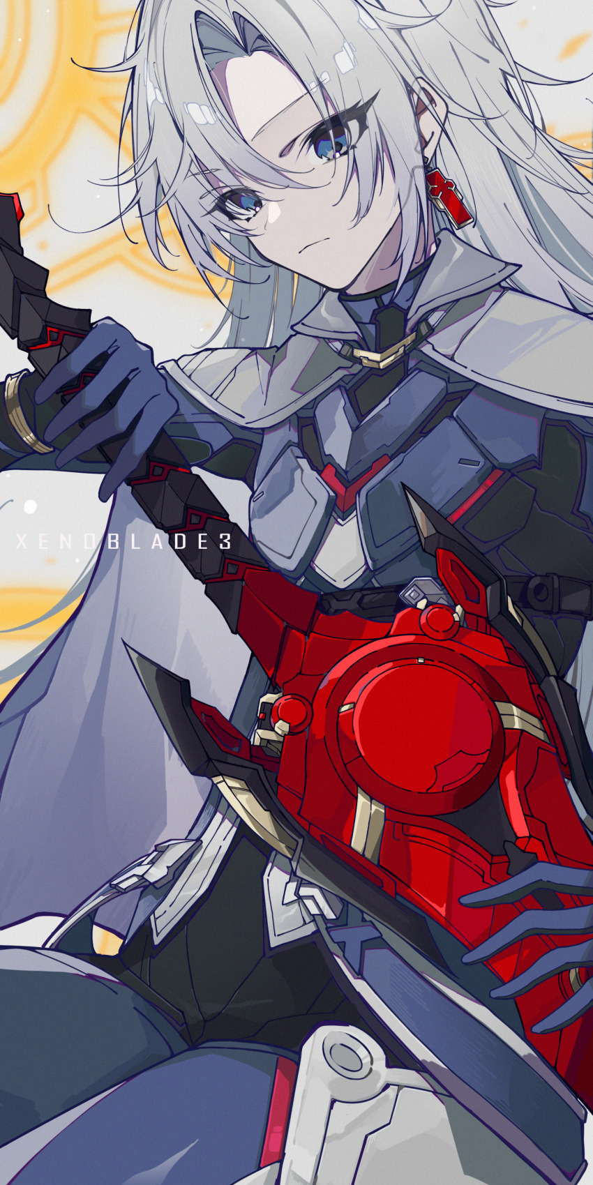 1girl a_(xenoblade) absurdres armored_bodysuit blue_eyes cape collared_cape copyright_name curtained_hair earrings expressionless flat_chest grey_cape grey_hair gugugu_official hair_between_eyes hair_intakes highres holding jewelry long_hair looking_at_viewer messy_hair monado single_earring solo sword weapon xenoblade_chronicles_(series) xenoblade_chronicles_3 xenoblade_chronicles_3:_future_redeemed