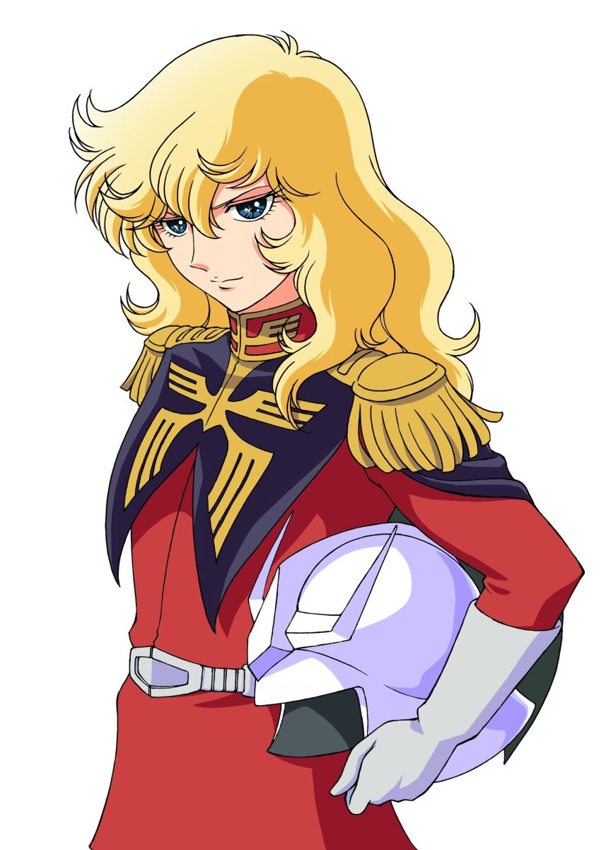 1girl blonde_hair blue_eyes char_aznable char_aznable_(cosplay) cosplay epaulettes gundam helmet highres hogeroh jacket long_hair looking_at_viewer military_uniform mobile_suit_gundam oscar_francois_de_jarjayes red_jacket solo unworn_headwear unworn_helmet versailles_no_bara white_background zeon