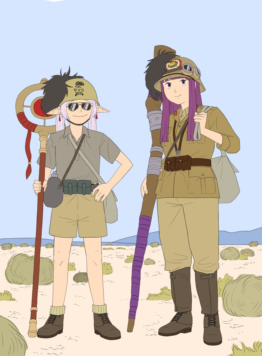 2girls absurdres bag blue_sky bottle breasts brown_jacket canteen closed_mouth combat_helmet commission day desert earrings elf fern_(sousou_no_frieren) floating_earring frieren full_body goggles goggles_on_head grass green_shirt green_socks hand_on_own_hip handbag hat helmet highres holding holding_staff italian_army italy jacket jewelry kingdom_of_italy long_hair long_sleeves looking_at_viewer mage_staff military military_hat military_uniform mountain multiple_girls obergrenwillie parted_bangs pocket pointy_ears purple_eyes purple_hair sand shirt short_sleeves sky smile smirk socks sousou_no_frieren staff sunglasses teardrop_earrings tumbleweed twintails water_bottle white_hair world_war_ii