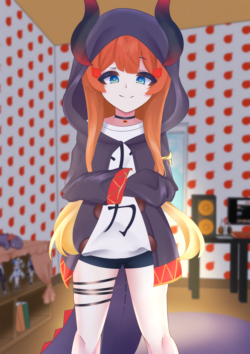 1girl absurdres blue_eyes blurry blurry_background chair commission crossed_arms fake_horns fake_tail highres hood hoodie horns indoors japanese_text long_hair looking_at_viewer miki_hitsugi orange_hair pants shirt shorts solo specialite_en stuffed_toy table tail thighs virtual_youtuber