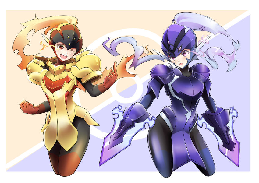 2girls ;d absurdres armarouge armor blade blush border breastplate ceruledge clenched_hand commentary fire flaming_eyes helmet highres index_finger_raised light_trail multiple_girls nintendo one_eye_closed open_mouth personification pokemon purple_eyes smile sudhiro_sappurisa teeth tongue upper_teeth_only white_border