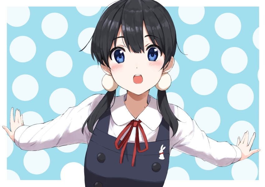 1girl aqua_background black_dress black_hair blue_eyes blush border commentary double-parted_bangs dress eyelashes hair_between_eyes hair_bobbles hair_ornament highres kitashirakawa_tamako long_hair long_sleeves looking_at_viewer low_twintails open_mouth outstretched_arms pinafore_dress red_ribbon ribbon school_uniform shirt simple_background sleeveless sleeveless_dress solo straight-on tamako_market teeth twintails upper_body upper_teeth_only white_border white_shirt yanagi_marie