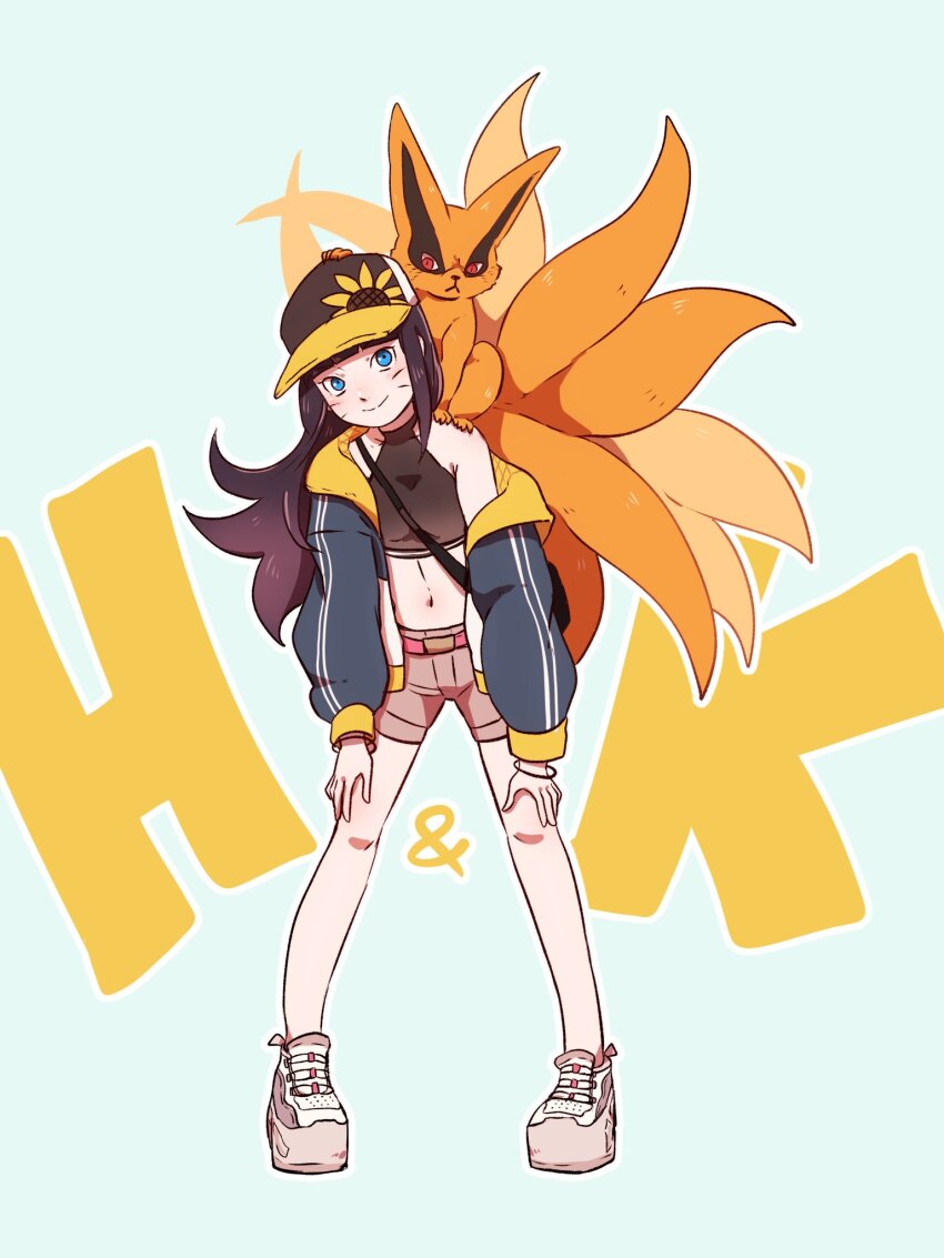 1girl alternate_costume baseball_cap black_hair black_hat black_jacket black_shirt blue_eyes body_fur boruto:_naruto_next_generations boruto:_two_blue_vortex character_name commentary cropped_shirt facial_mark fox grey_shorts hat highres jacket kitsune kurama_(naruto) kyuubi long_hair mizuto_(o96ap) multiple_tails naruto_(series) navel open_clothes open_jacket orange_fur red_eyes shirt shorts simple_background single_bare_shoulder single_off_shoulder tail uzumaki_himawari whisker_markings