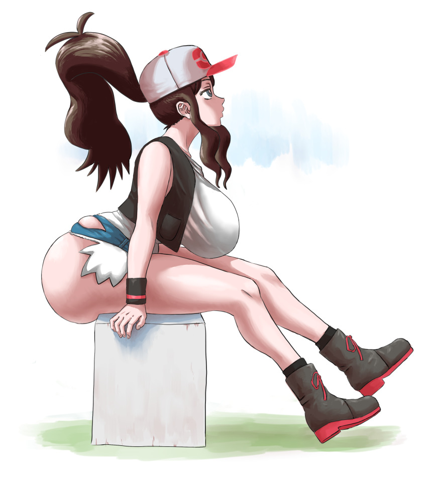 1girl absurdres ass bare_shoulders baseball_cap black_vest blue_background blue_eyes brown_hair denim denim_shorts from_side full_body gradient_background hat highres hilda_(pokemon) huge_ass legs long_hair looking_up matsumaruyama nintendo pokemon pokemon_bw ponytail short_shorts shorts sidelocks sitting sleeveless solo tank_top vest white_background white_tank_top wristband