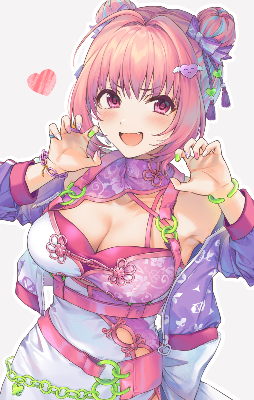 1girl ahoge alternate_hairstyle armpit_peek bangle bare_shoulders belt blue_hair border bow bracelet breasts chain china_dress chinese_clothes claw_pose cleavage collarbone colored_inner_hair covered_navel double_bun dress earrings fang green_nails hair_bow hair_bun hair_intakes hair_ornament heart heart_hair_ornament highres idolmaster idolmaster_cinderella_girls idolmaster_cinderella_girls_starlight_stage jacket jacket_partially_removed jewelry large_breasts leaning_forward legs light_blue_hair light_blush lips looking_at_viewer multicolored_hair multicolored_nails nail_art nail_polish official_alternate_costume official_alternate_hairstyle open_mouth pink_belt pink_eyes pink_hair pink_nails purple_bow purple_jacket purple_nails shadow shiidap simple_background smile solo standing thighs tight_clothes tight_dress two-tone_dress two-tone_hair white_background white_border white_nails wing_hair_ornament wrist_chain yumemi_riamu