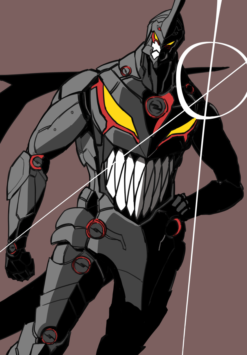 brown_background clenched_hand extra_eyes glint hand_on_own_hip highres lazengann looking_at_viewer mecha no_humans robot sharp_teeth simple_background solo teeth tengen_toppa_gurren_lagann yellow_eyes yutorin_kakka