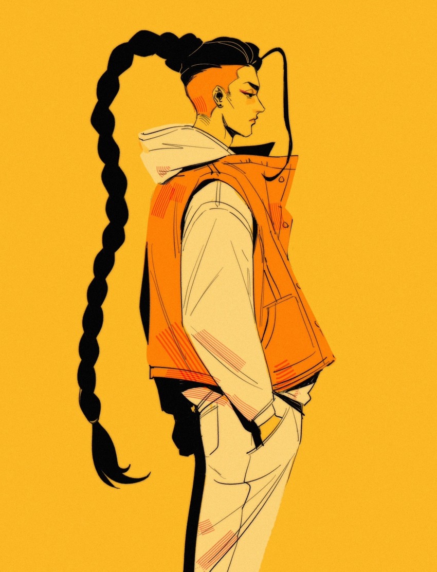 1boy ahoge black_hair braid braided_ponytail haddockkkk highres hood hood_down jacket jamie_siu long_hair male_focus multicolored_hair pants ponytail profile solo standing street_fighter street_fighter_6 two-tone_hair vest white_jacket white_pants yellow_background yellow_theme