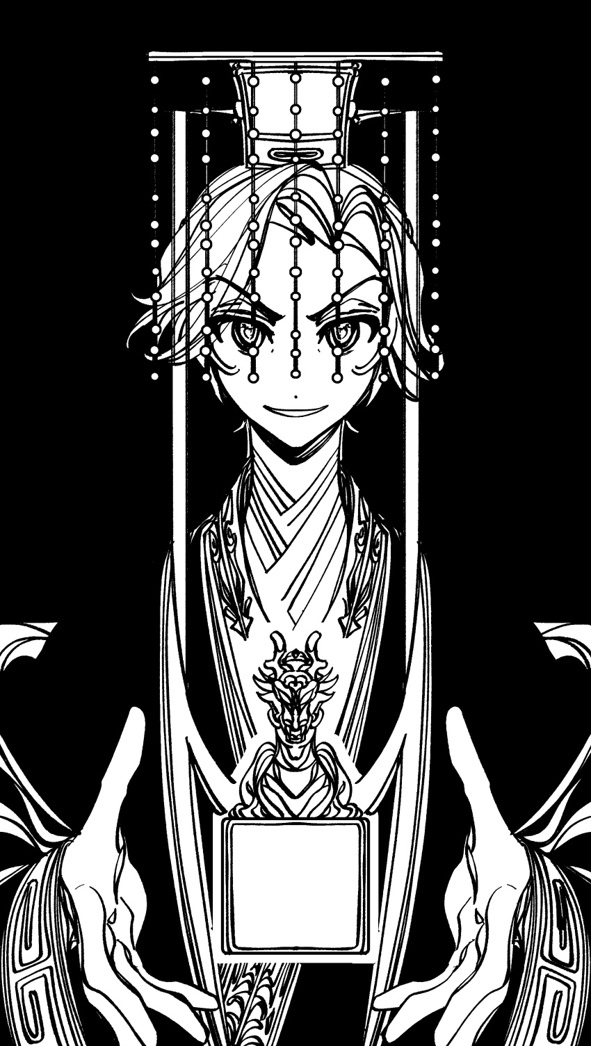 1girl absurdres black_background chinese_clothes chinese_commentary chinese_text code:_kite commentary_request forehead greyscale guan_hat guanglingwang hands_up hanfu highres looking_at_viewer mian_guan monochrome parted_lips protected_link reverse_trap short_hair simple_background simplified_chinese_text smile solo straight-on translation_request upper_body v-shaped_eyebrows very_short_hair weibo_7587683077