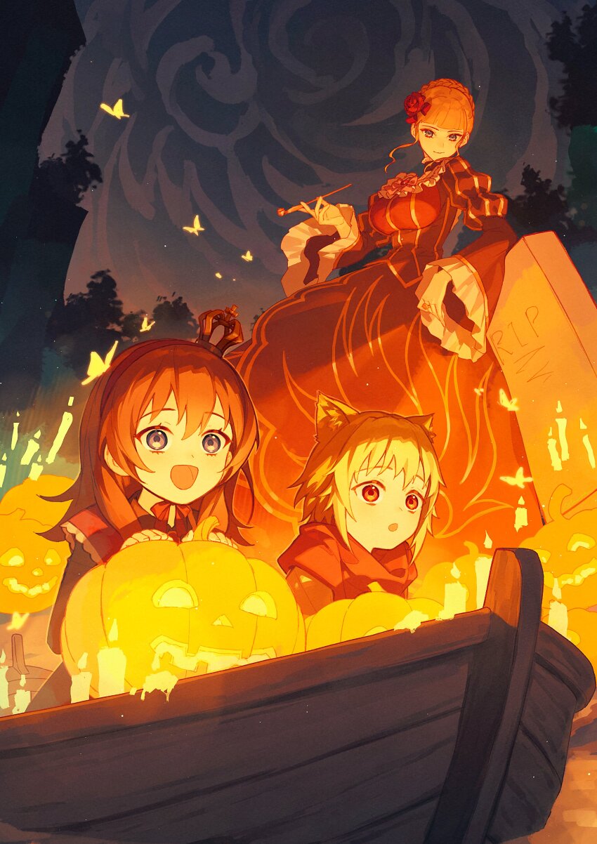 1boy 2girls absurdres aluce animal_ears beatrice_(umineko) blonde_hair blue_eyes brown_eyes brown_hair bug butterfly candle closed_mouth dress flower hair_flower hair_ornament highres holding holding_smoking_pipe insect long_hair long_sleeves multiple_girls night night_sky open_mouth outdoors pumpkin red_scarf sakutarou_(umineko) scarf short_hair sky smile smoking_pipe standing tree umineko_no_naku_koro_ni ushiromiya_maria witch