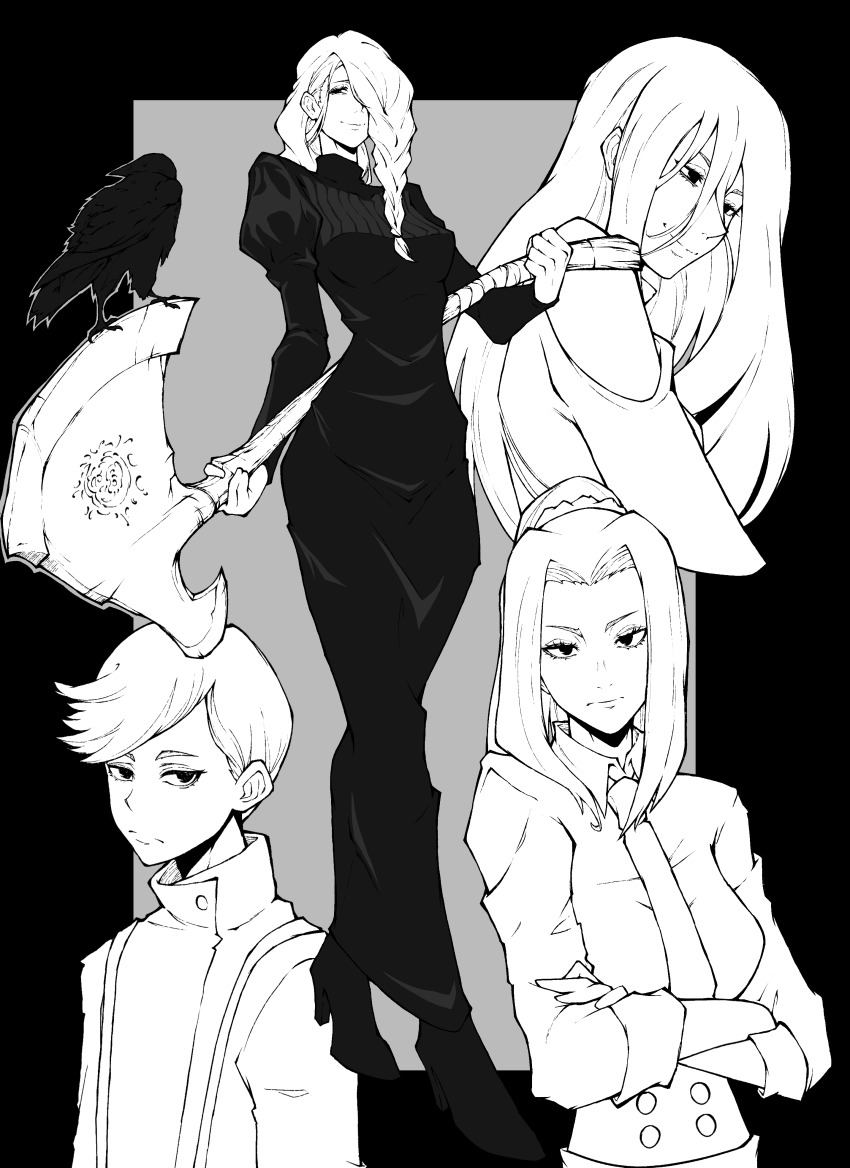 1boy 1girl absurdres axe bare_shoulders bird black_shirt border braid breasts brother_and_sister collared_shirt commentary crossed_arms crow dress english_commentary full_body greyscale hair_bun hair_over_one_eye highres holding holding_axe holding_weapon jujutsu_kaisen kekel long_hair looking_at_viewer mei_mei_(jujutsu_kaisen) monochrome multiple_views necktie outside_border ponytail shirt short_hair siblings smile striped_clothes striped_shirt suspenders ui_ui_(jujutsu_kaisen) upper_body weapon