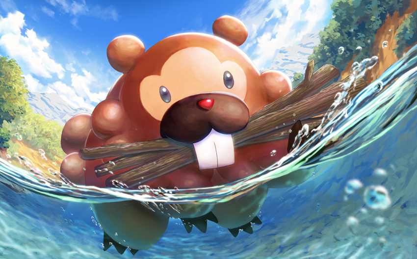 air_bubble bearluxe bidoof bubble cloud commentary_request creatures_(company) day game_freak gen_4_pokemon mouth_hold nintendo no_humans outdoors partially_underwater_shot pokemon pokemon_(creature) sky solo stick