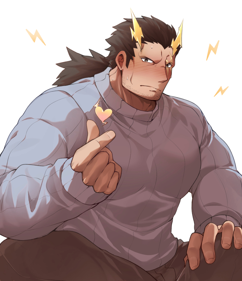 1boy bara brown_hair cowboy_shot dark-skinned_male dark_skin facial_hair finger_heart highres large_pectorals long_hair looking_at_viewer low_ponytail male_focus mature_male muscular muscular_male official_alternate_costume pants pectorals ponytail saund_r_pu smile solo stubble sweater taishakuten_(housamo) tokyo_houkago_summoners