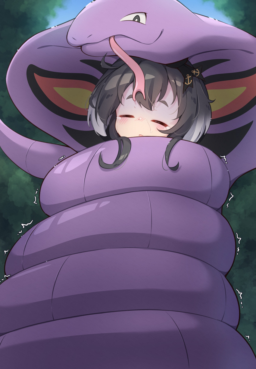 1girl absurdres anchor_symbol arbok black_eyes black_hair black_ribbon blush closed_eyes commission constriction crossover day forked_tongue gen_1_pokemon gradient_hair grey_hair highres kantai_collection multicolored_hair nintendo outdoors parted_lips pokemon pokemon_(creature) ribbon shaded_face short_hair_with_long_locks skeb_commission tears tokitsukaze_(kancolle) tongue x_noki9