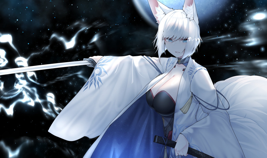 1girl absurdres animal_ears arm_up azur_lane blue_eyes blue_skirt breasts cleavage dated_commentary eyeshadow fox_ears fox_girl fox_tail from_side full_moon grin hand_up highres holding holding_sheath holding_sword holding_weapon japanese_clothes kaga_(azur_lane) katana kimono kitsune large_breasts looking_at_viewer makeup medium_hair moon multiple_tails night night_sky open_clothes open_kimono outstretched_arm pleated_skirt red_eyeshadow sakura_empire_(emblem) samip sheath skirt sky slit_pupils smile solo standing star_(sky) starry_sky sword tail unsheathed weapon white_hair white_kimono
