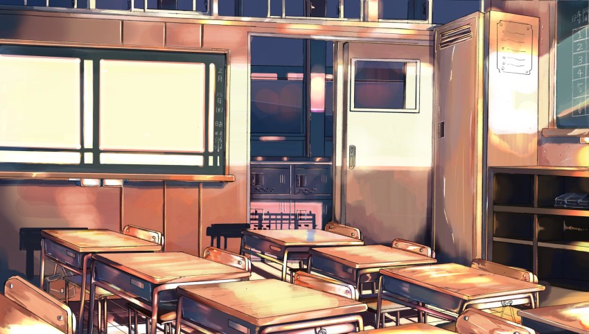 absurdres bulletin_board chair chalkboard classroom commentary_request day desk door highres locker no_humans original qdsn red_theme scenery school sunlight window